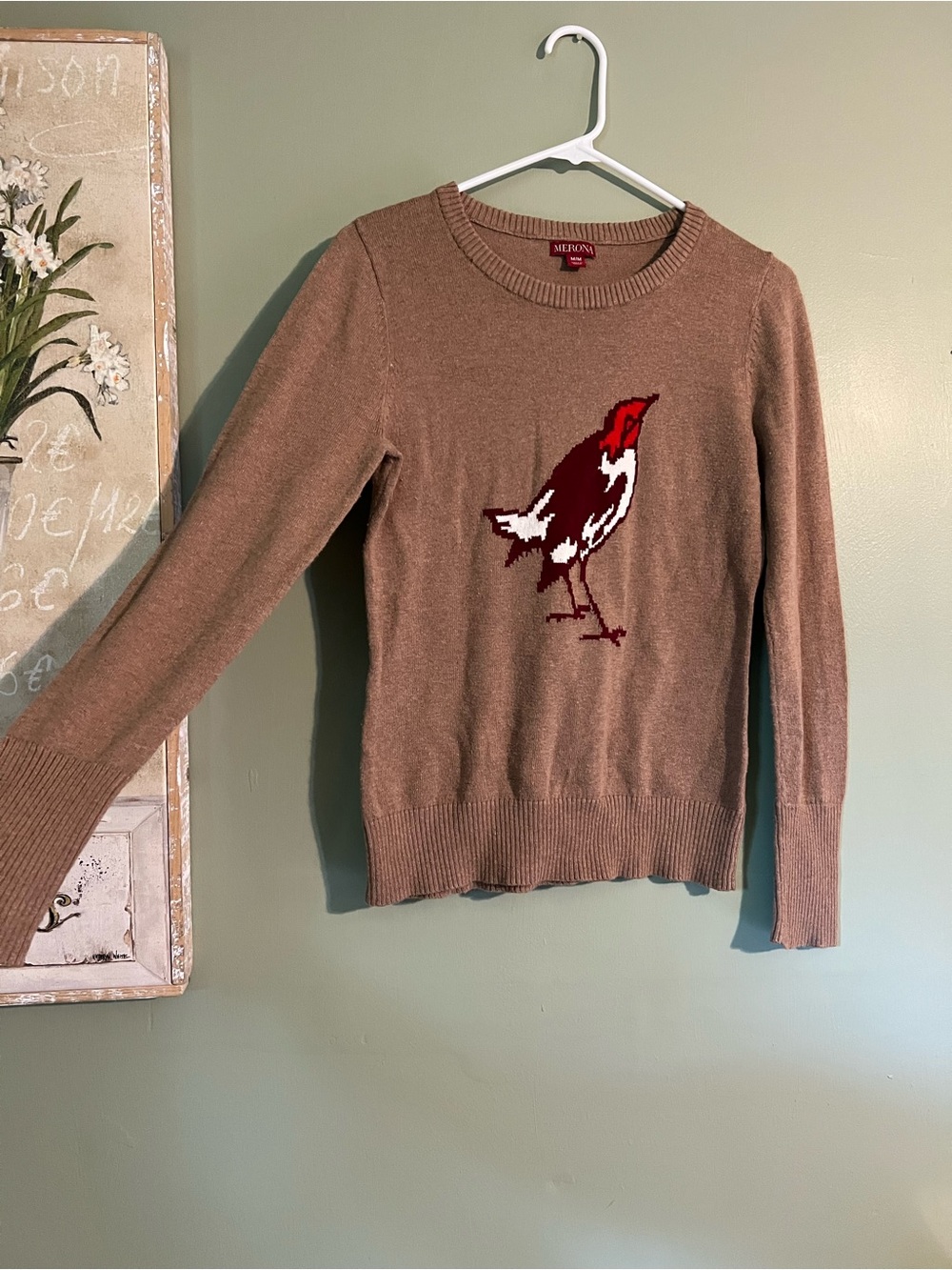 Merona Brown Crewneck Sweater with Red & White Bird Motif